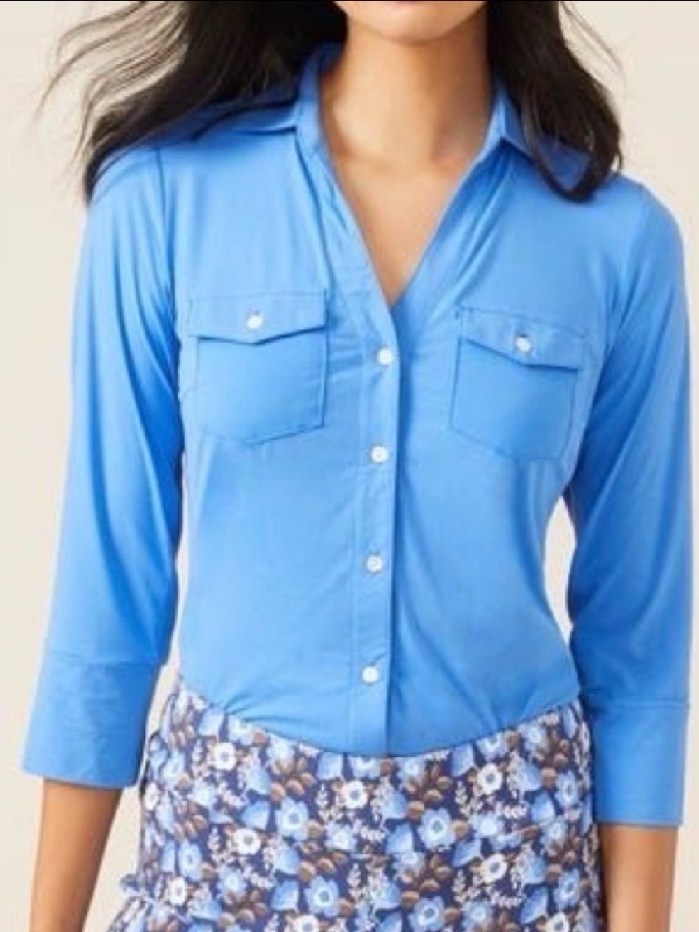 J. McLaughlin Tranquil Blue linen Button-Front 3/4 sleeve Collared Shirt